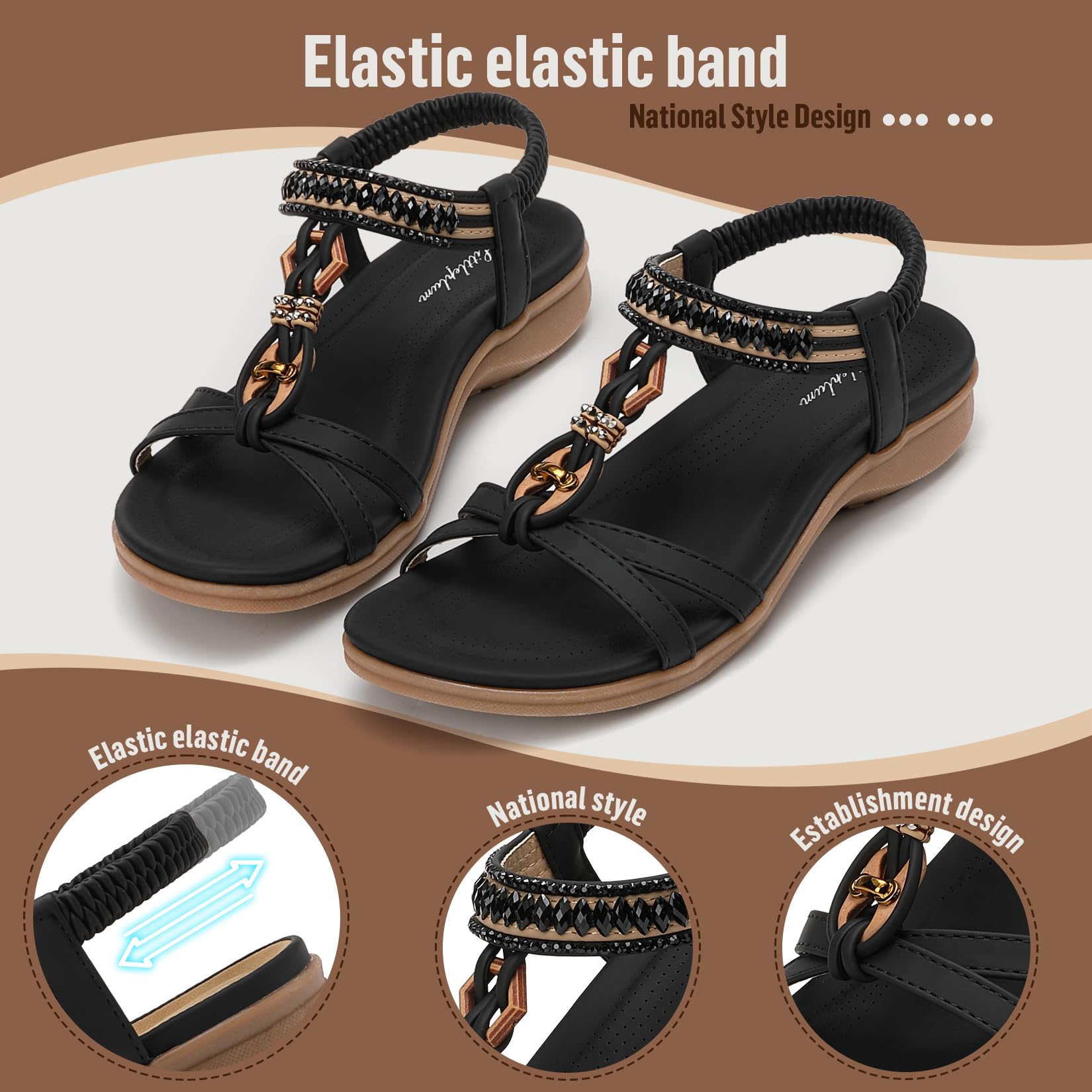Littleplum Womens Flat Sandals Arch Support Summer Beach Sandals Comfort Walking Shoes Dress Ankle Elastic Bohemian Sandals for Women Black Size 8.5