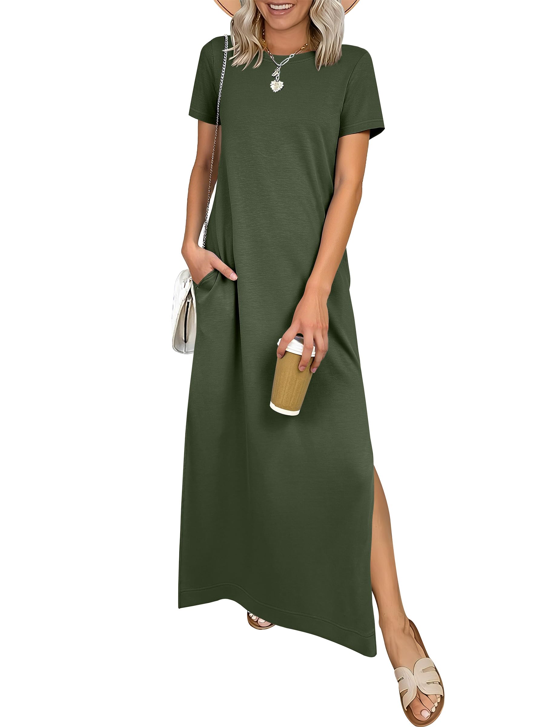 ANRABESS Womens Summer Casual Maxi Dress Short Sleeve Crewneck Split Wrinkle-Free Travel Long Sundress Beach Vacation Clothes Army Green Large