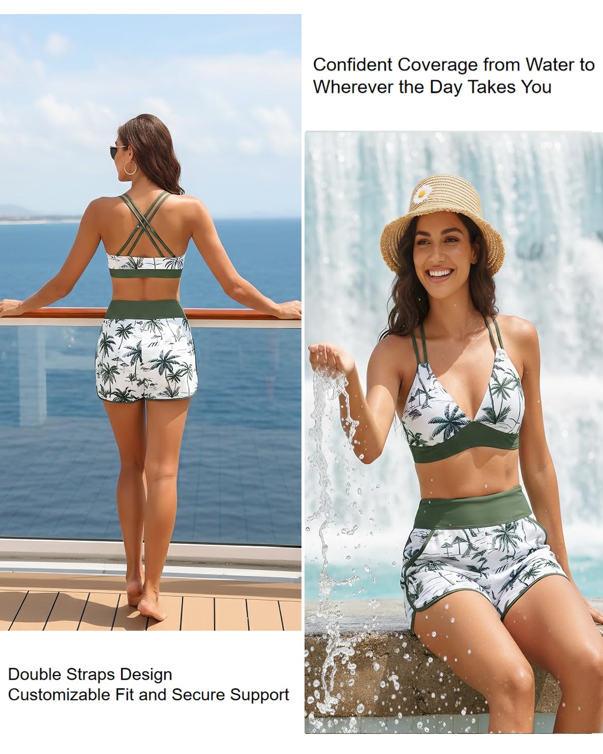 Daci Green Palm Tree Women 3 Piece Tankini Swimsuits - Tummy Control Tank Top with Bra Modest Bathing Suit with Pockets Boyshorts Bottom 2026 L