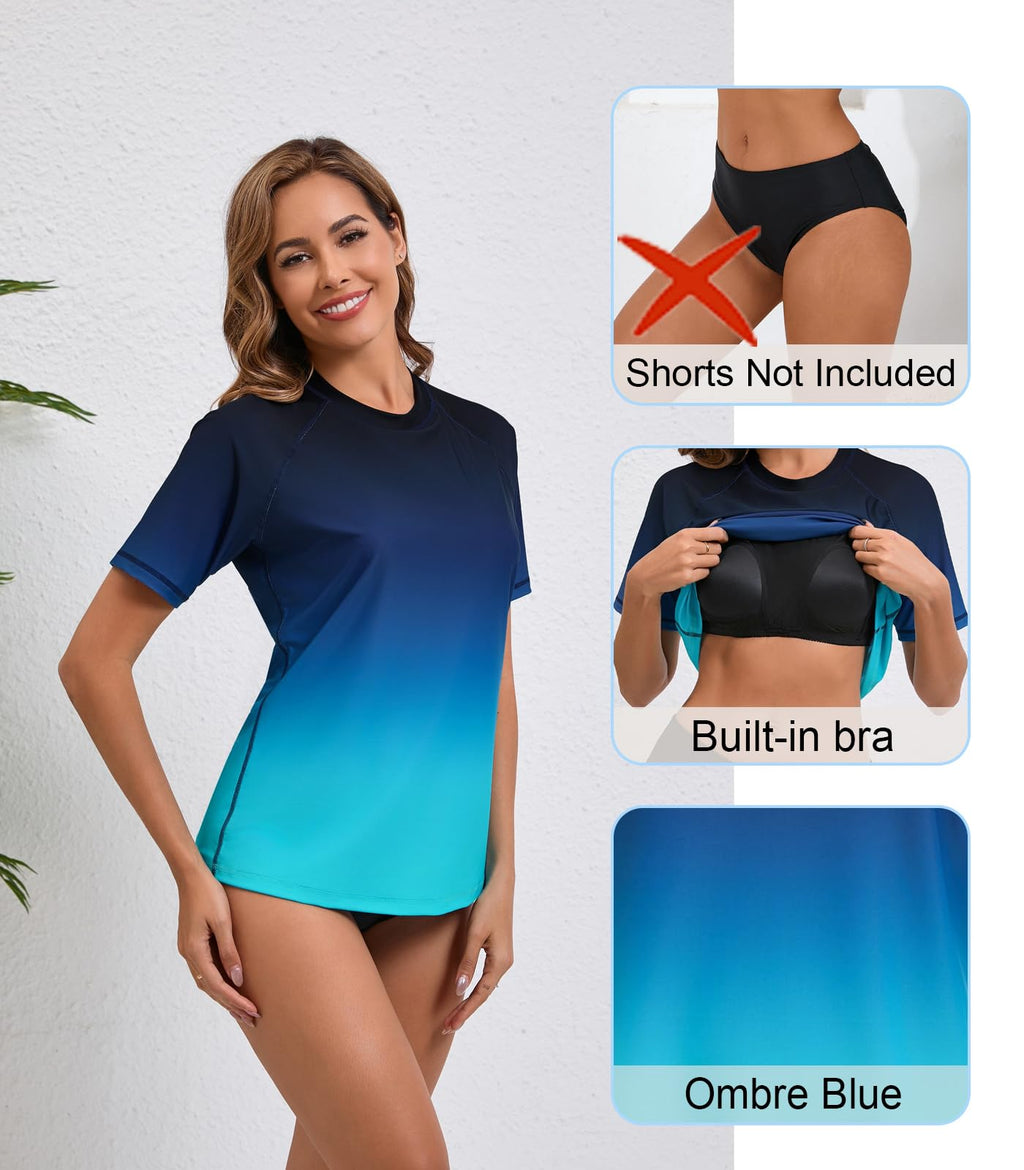 Halcurt Women's Short Sleeve Rash Guard Swimsuit Top with Built in Bra Swim Shirt UPF50+ Quick Dry Bathing Suit Ombre Blue XL