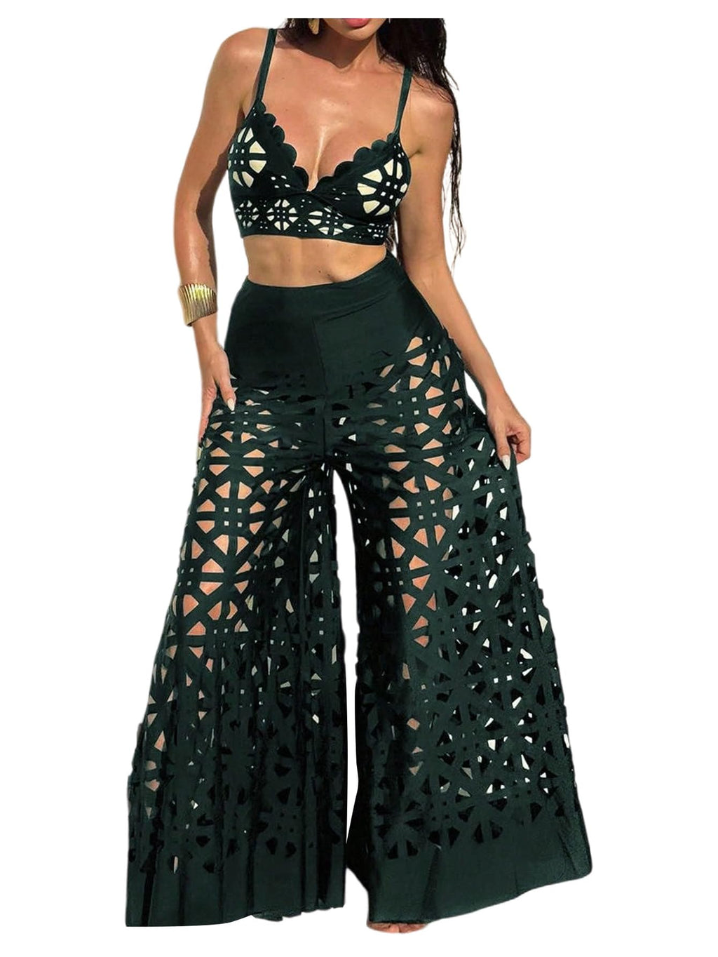 WDIRARA Women's 3 Piece Swimsuit Hollow Out Bikini Set with Cover Up Pants Green Large