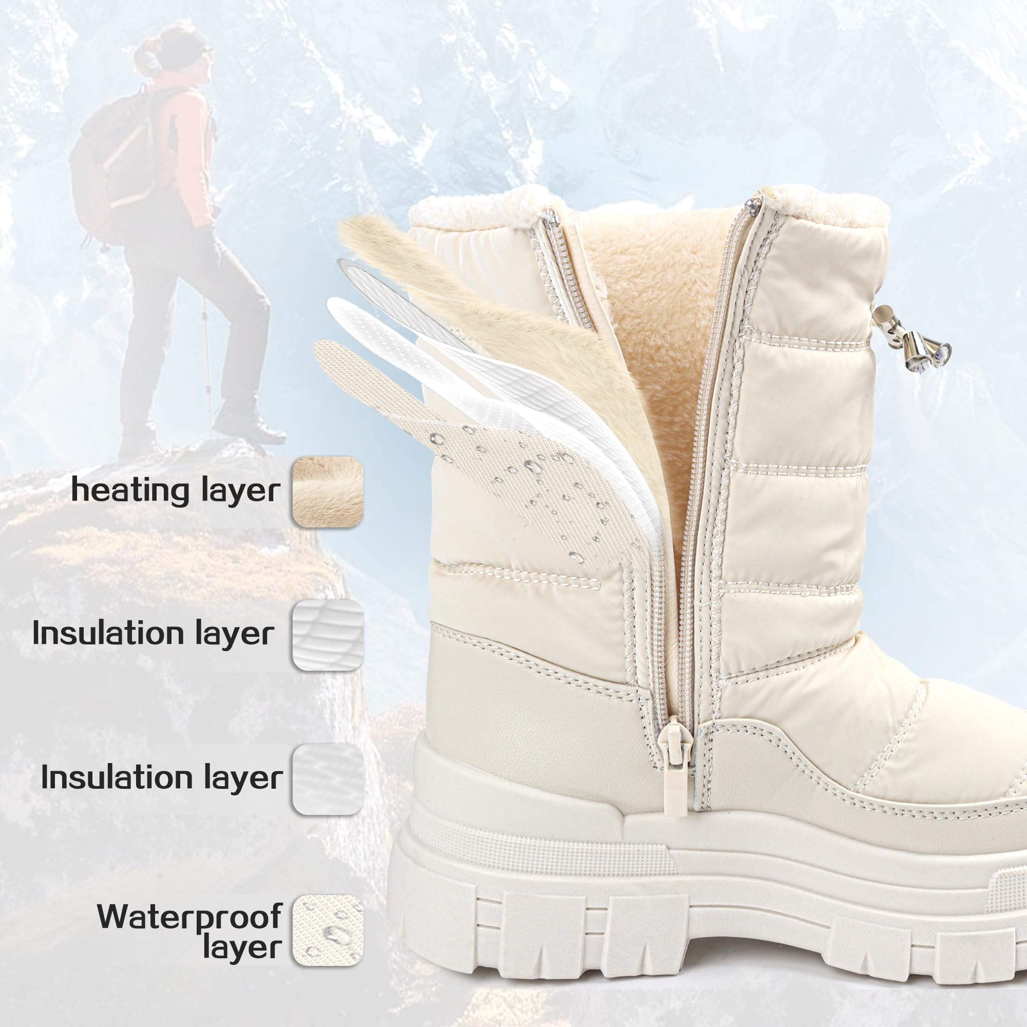Viapipa White Snow Boots for Women Waterproof Platform Winter Boots with Side Zipper & Adjustment Buckle Design, Anti-Slip Warm, Comfortable Outdoor Booties, White,8