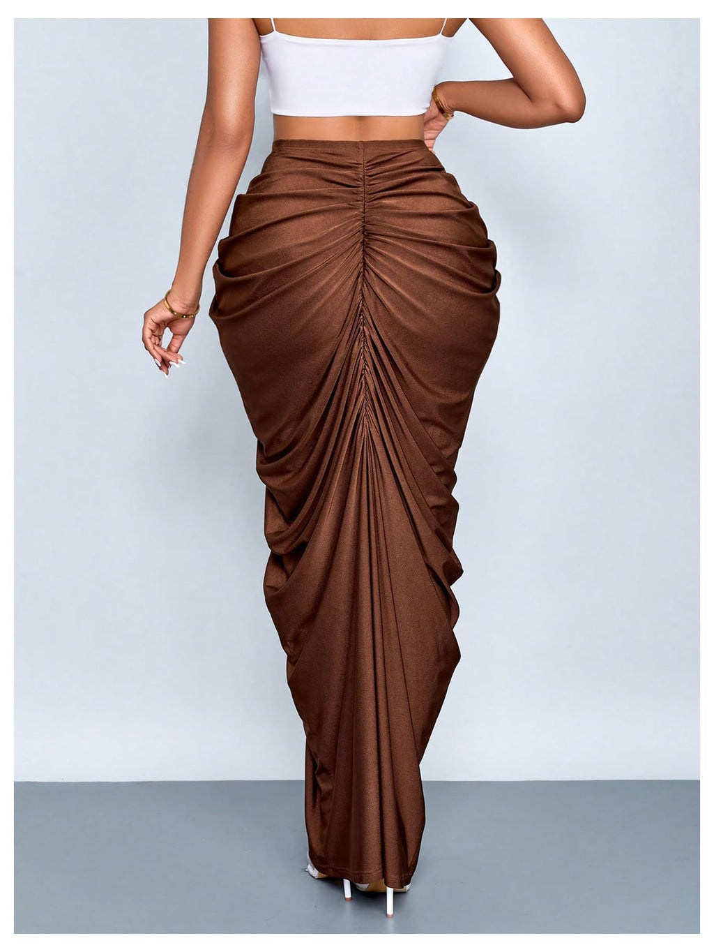 WDIRARA Women's Ruched Bodycon Maxi Skirt Cocktail Party High Waisted Long Fishtail Skirts Coffee Brown Large