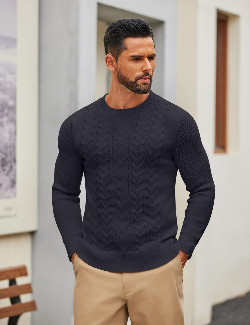 COOFANDY Mens Crewneck Pullover Sweater Classic Ribbed Long Leeve Fitted Chunky Knit Sweaters, Navy Blue, XX-Large