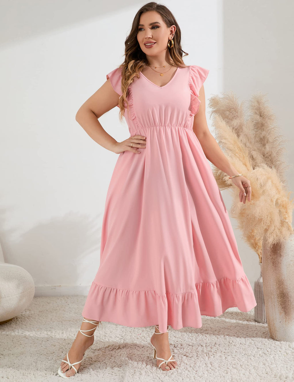 KOJOOIN Women's Plus Size Summer Dress with Pocket Ruffle Cap Sleeveless V Neck Side Split Long Beach Maxi Dress Pink XL