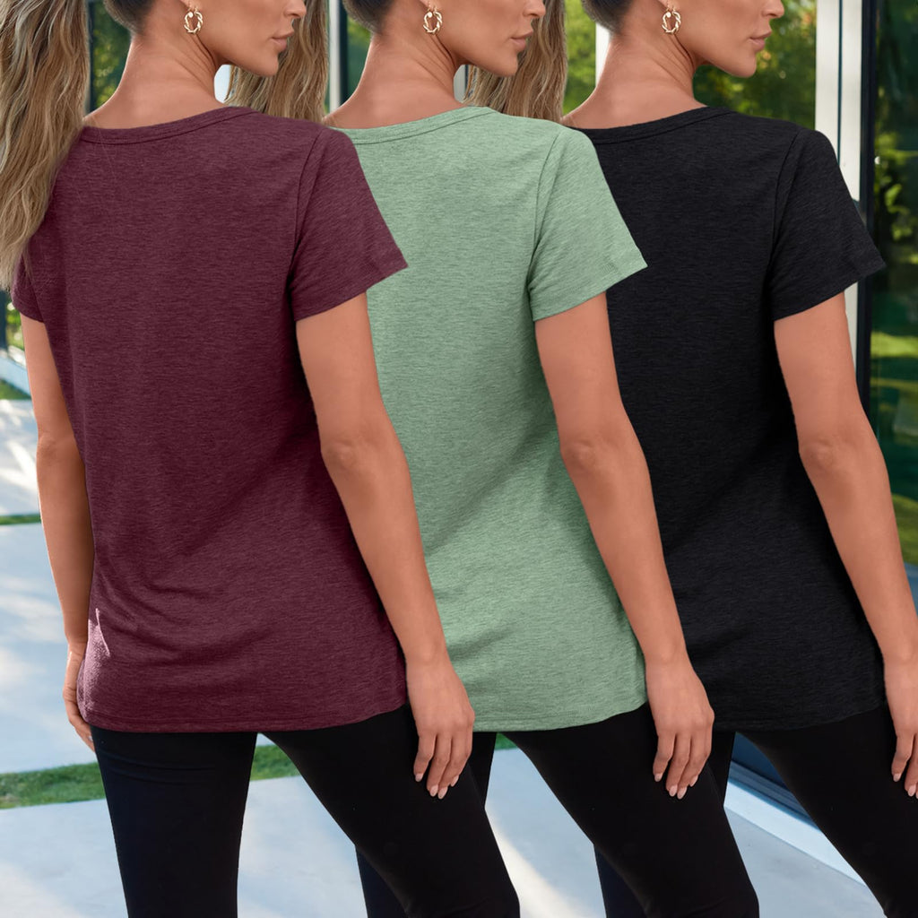 SUNBS Womens Summer Tops Short Sleeve T-Shirts Fashion 3 Pack Basic Tees Comfy Clothes Workout Casual Vacation Outfits 2026 RedGreenBlack L