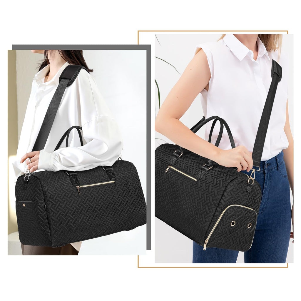Duffle Bag for Travel, Weekender Bag with Shoe Compartment, Carry On Overnight Bag for Women with Toiletry Bag, 50L Gym Bag with Wet Pocket, Hospital Bags for Labor and Delivery Black Gold