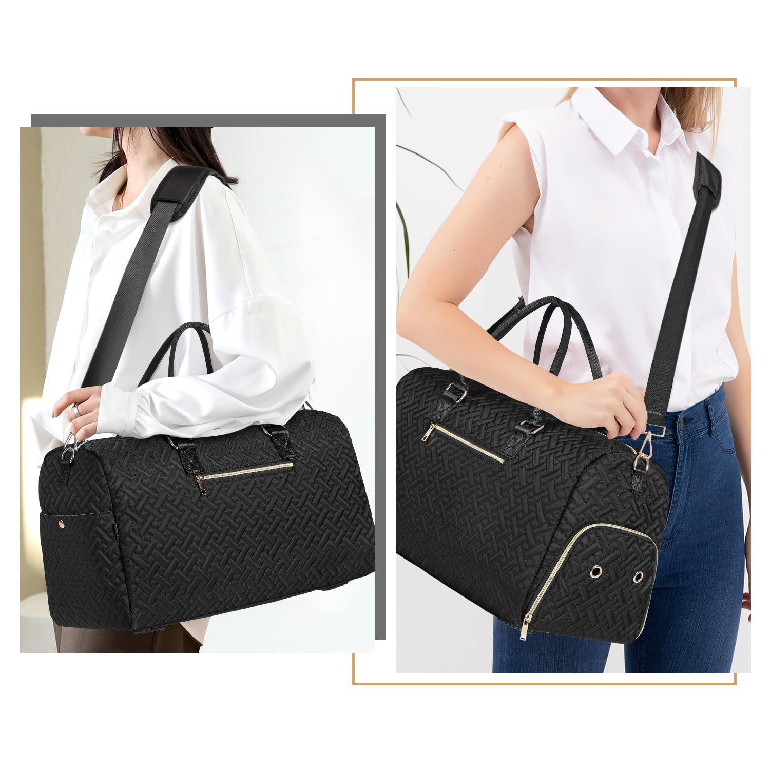 Duffle Bag for Travel, Weekender Bag with Shoe Compartment, Carry On Overnight Bag for Women with Toiletry Bag, 50L Gym Bag with Wet Pocket, Hospital Bags for Labor and Delivery Black Gold