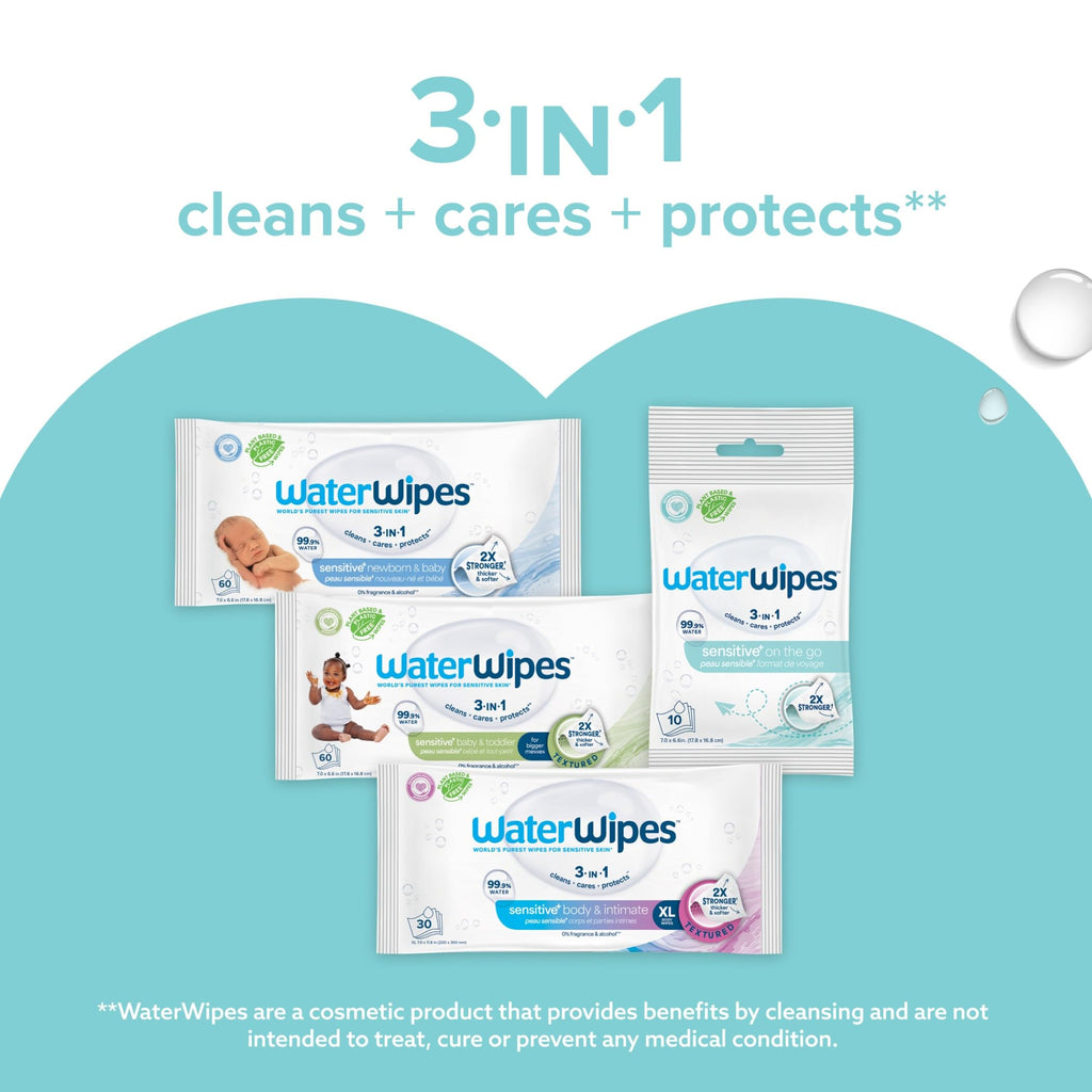 WaterWipes Sensitive+ On The Go Wipes, 224 Count (8 Packs), 3-In-1 Cleans, Cares, Protects, 99.9% Water, Unscented Wet Wipes