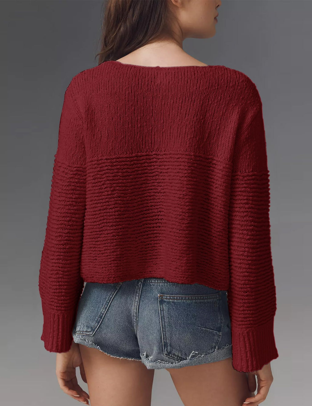 PRETTODAY Women's Crew Neck Knit Sweater Long Sleeve Textured Ribbed Casual Loose Cropped Pullover Tops