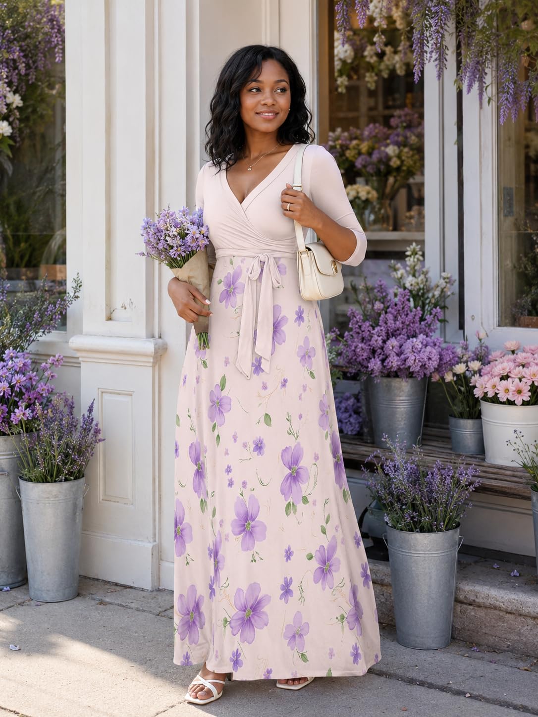 PinkPatty Plus Size Maxi Dress for Women Casual V Neck 3/4 Sleeve Boho Printed Long Dress with Pockets (Floral27 2XL)