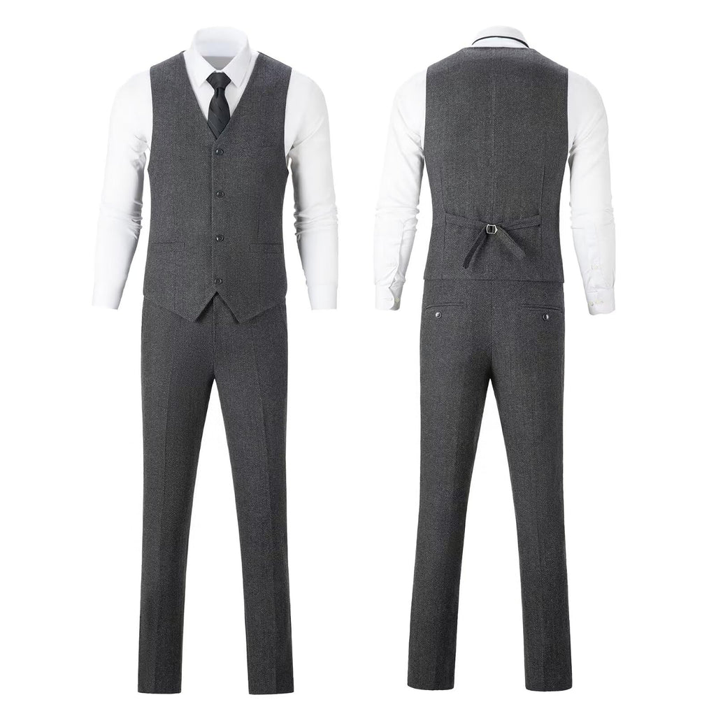 Herringbone Tweed 3 Piece Mens Suits Wool Blend Formal Party Dinner Tuxedo Set Business Suit Jacket Blazer Vest Pants for Men Grey Gray M