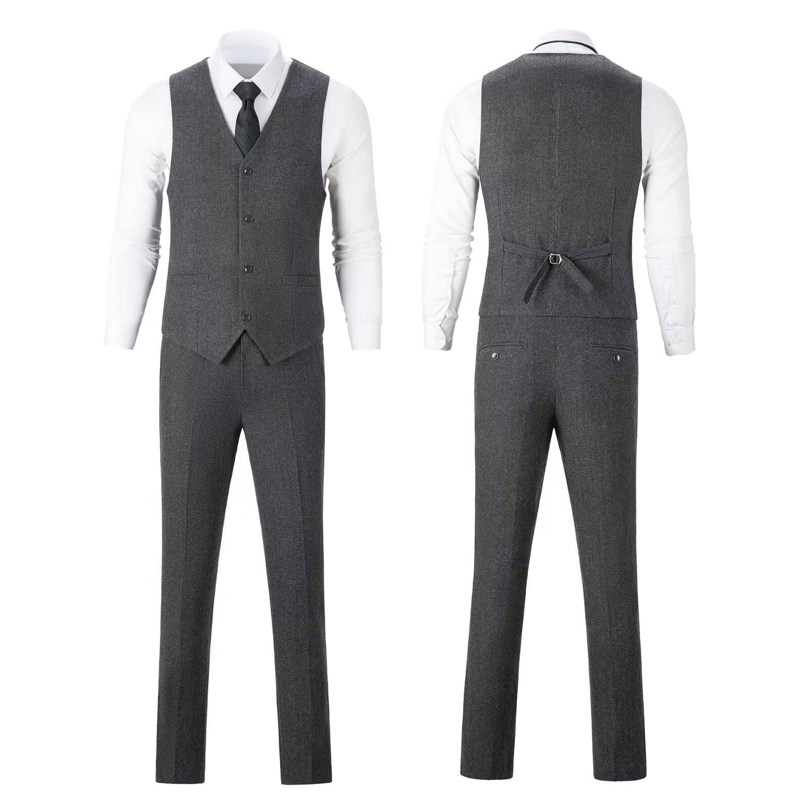 Herringbone Tweed 3 Piece Mens Suits Wool Blend Formal Party Dinner Tuxedo Set Business Suit Jacket Blazer Vest Pants for Men Grey Gray M