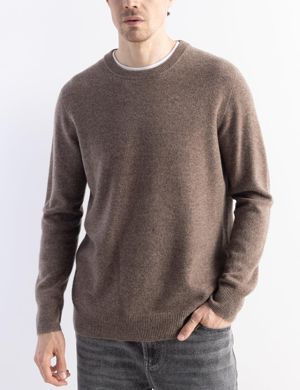Chanyarn Men's 100% Merino Wool Sweater 2025 Fall Winter First-Line Ready to Wear Crew Neck Long Sleeve Seamless Knit Sweater (Brown,L)