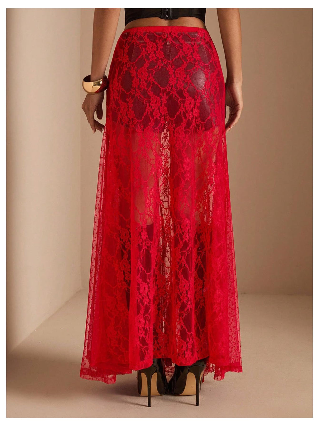 WDIRARA Women's Sexy See Through Sheer Lace Maxi Skirt Low Waist Ruffle Hem A Line Flowy Skirt Red Medium