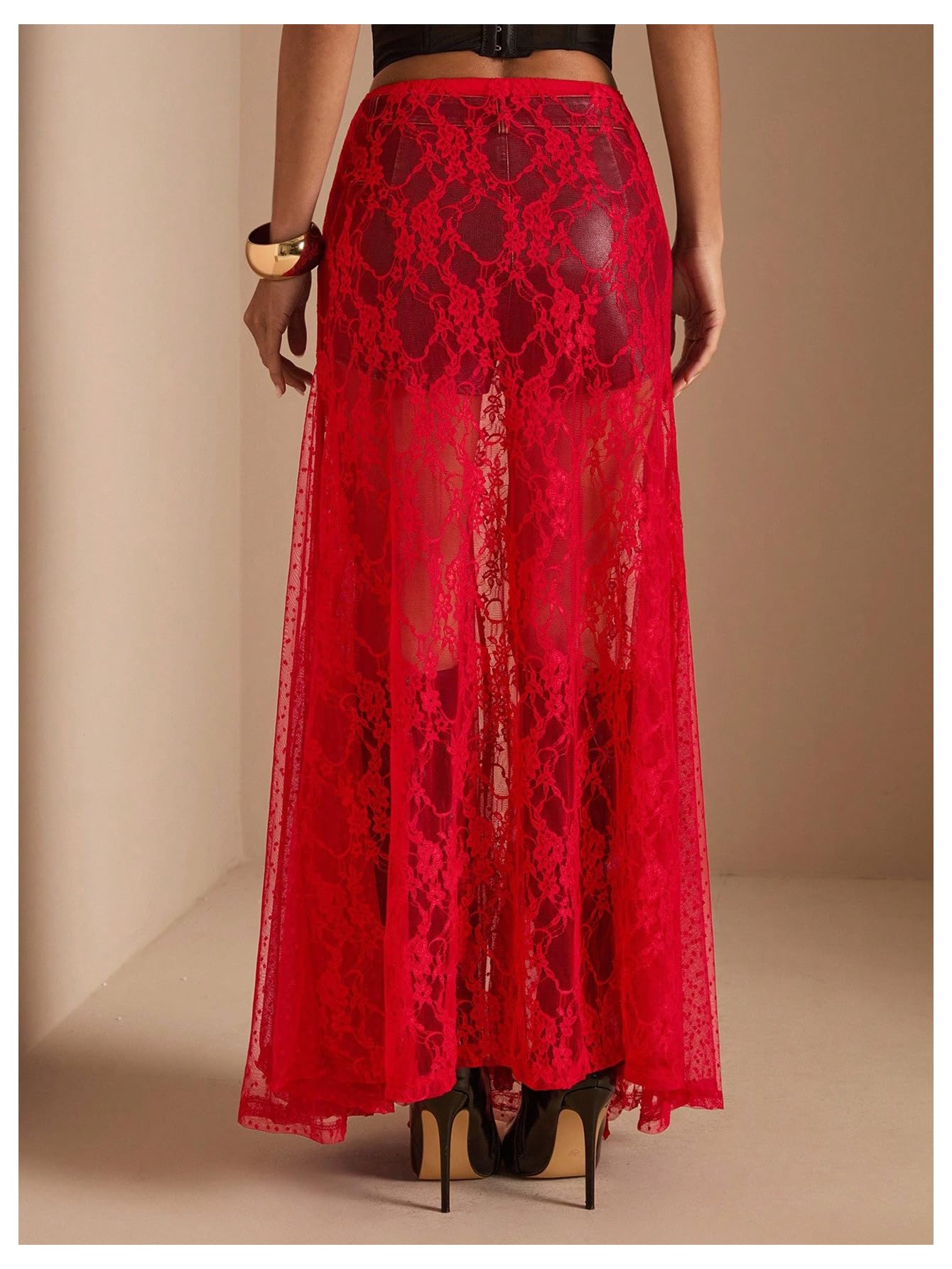WDIRARA Women's Sexy See Through Sheer Lace Maxi Skirt Low Waist Ruffle Hem A Line Flowy Skirt Red X-Small