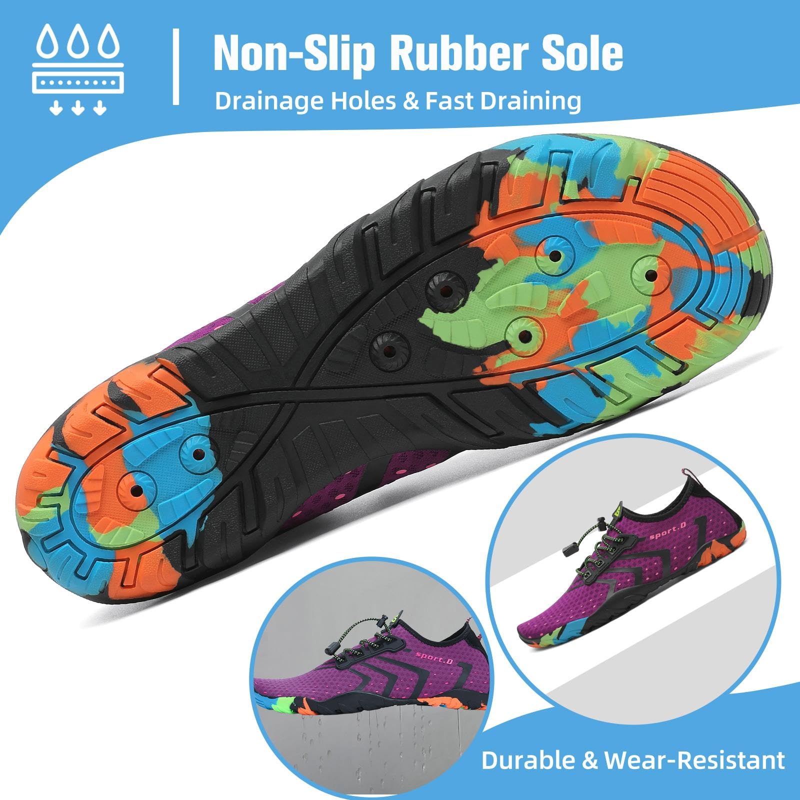 Mishansha Water Shoes for Women Men, Quick-Dry Barefoot Swim Shoes with Drainage Holes, Lightweight Aqua Shoe for Beach Pool River Boating Yoga Walking 7 Women/6 Men Purple