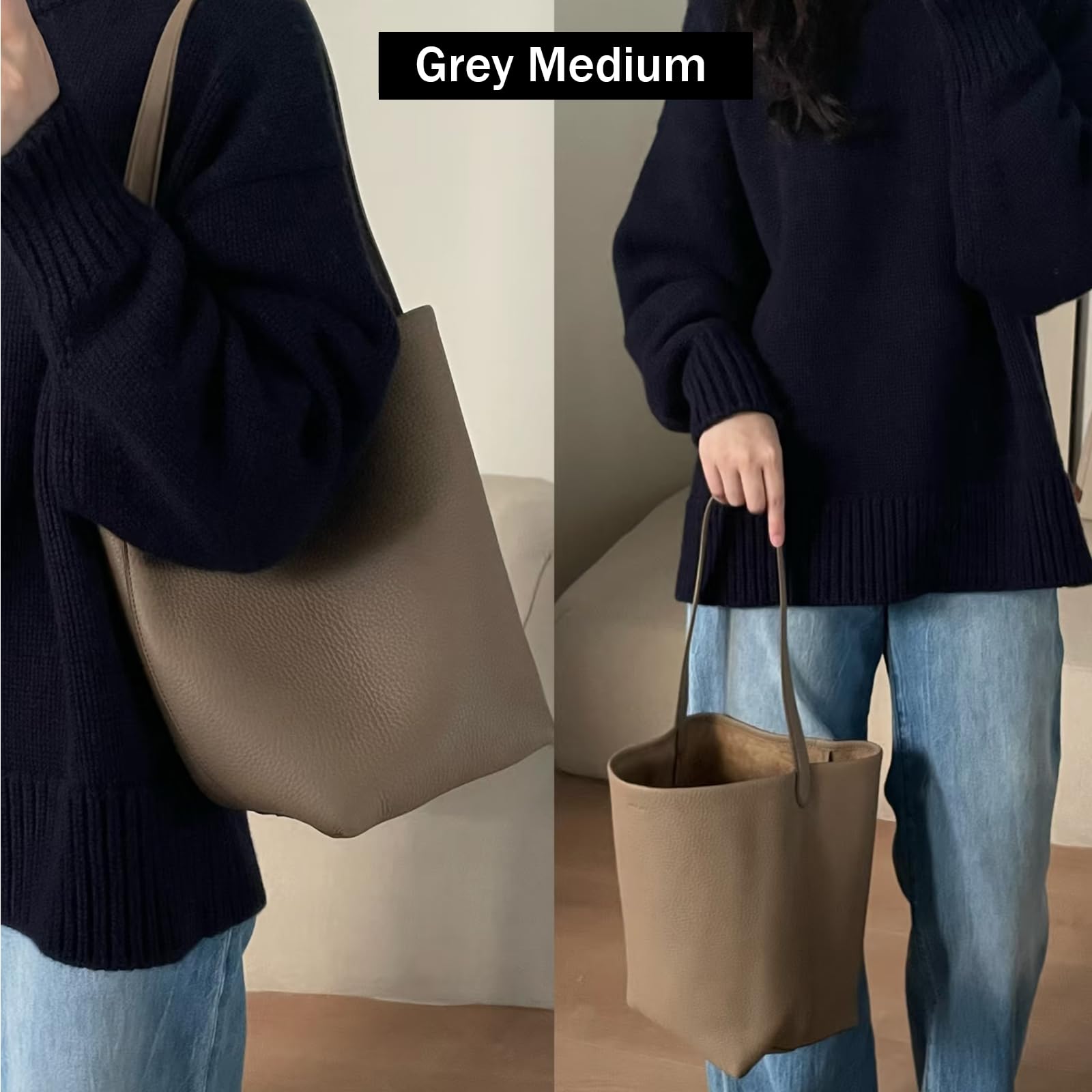 Genuine Leather Bucket Bag with Credit Card Holder Wallet, First Layer Pebble-grained Calfskin Tote Bag, Leather Handbag with Cotton Insert Pocket (Gray, Medium)