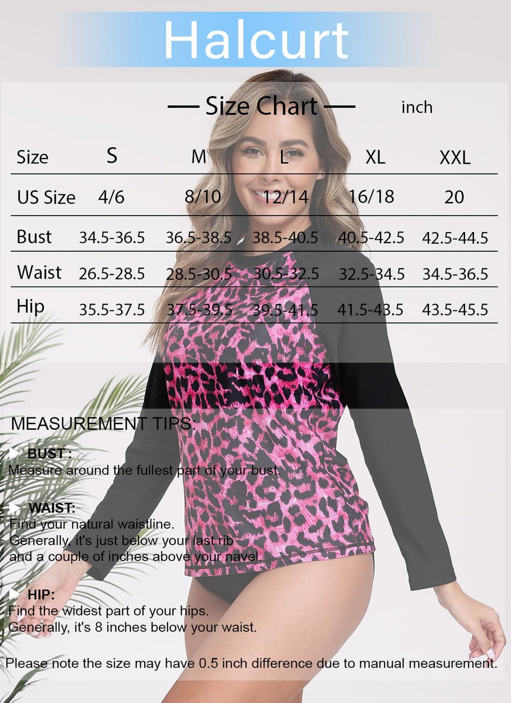 Halcurt Womens Long Sleeve Rash Guard Swim Shirts with Built in Bra UPF50+ Sun Protection Swimsuit Top Black Pink Leopard M