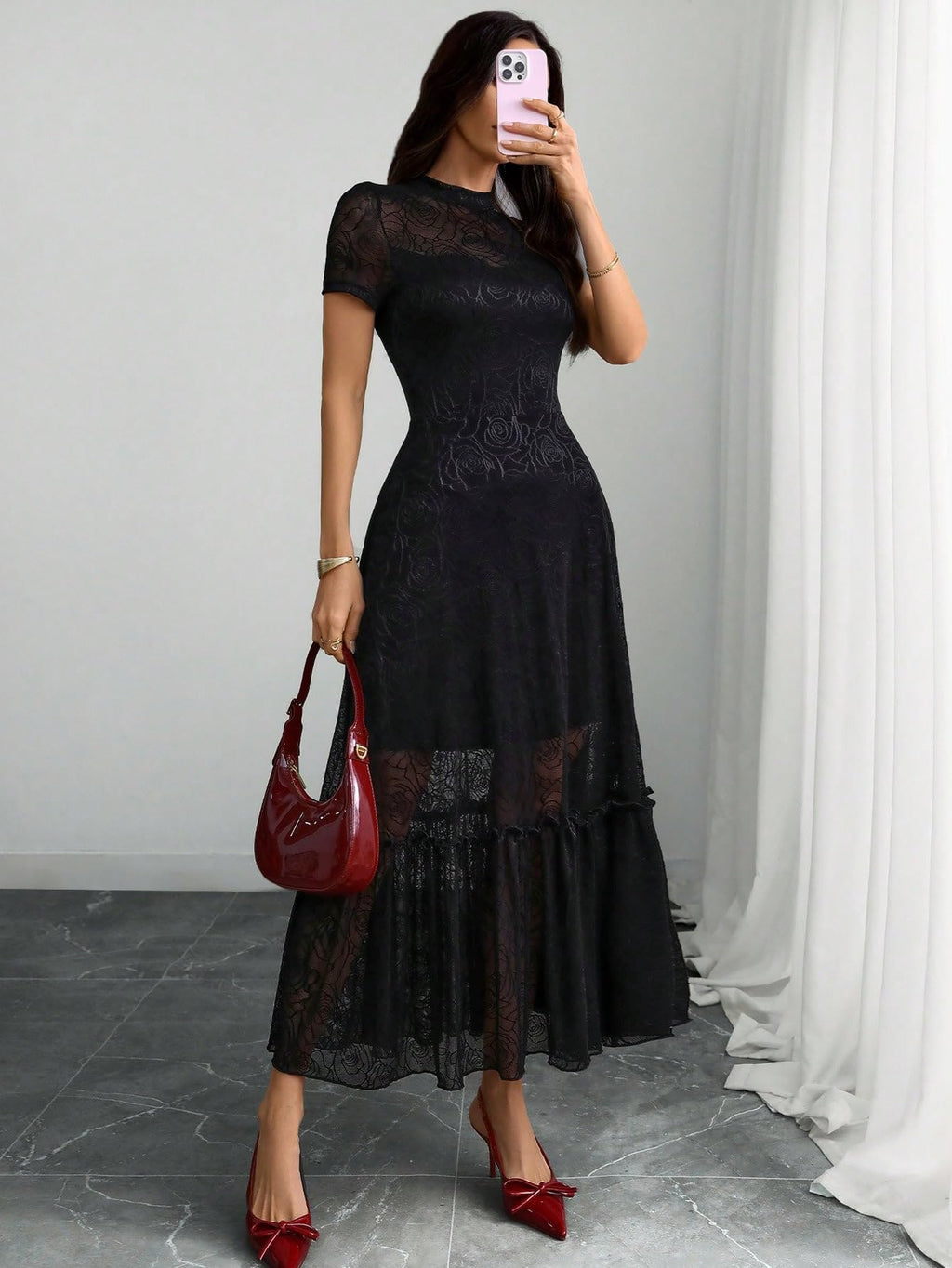 GothDark Womens Elegant Vintage Floral Lace Dress Short Sleeve Double Layer Gothic Midi Wedding Guest Cocktail Dresses Black