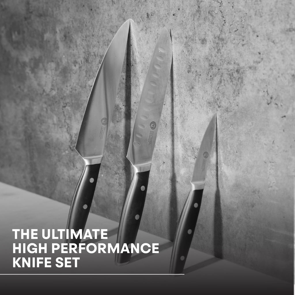 MasterChef Chef Knife Set of 3 Professional Quality Kitchen Knives (Chef, Santoku & Paring) for Precision Home Cooking, High Carbon Stainless Steel Blades & Triple Riveted Handles