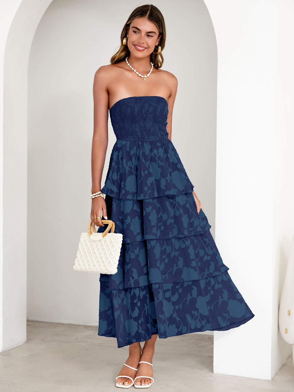 Simplee Womens Summer Strapless Maxi Dress 2026 Off The Shoulder Casual Cute Floral Boho Smocked Tube Dresses Vacation Long Sundress(Navy S)