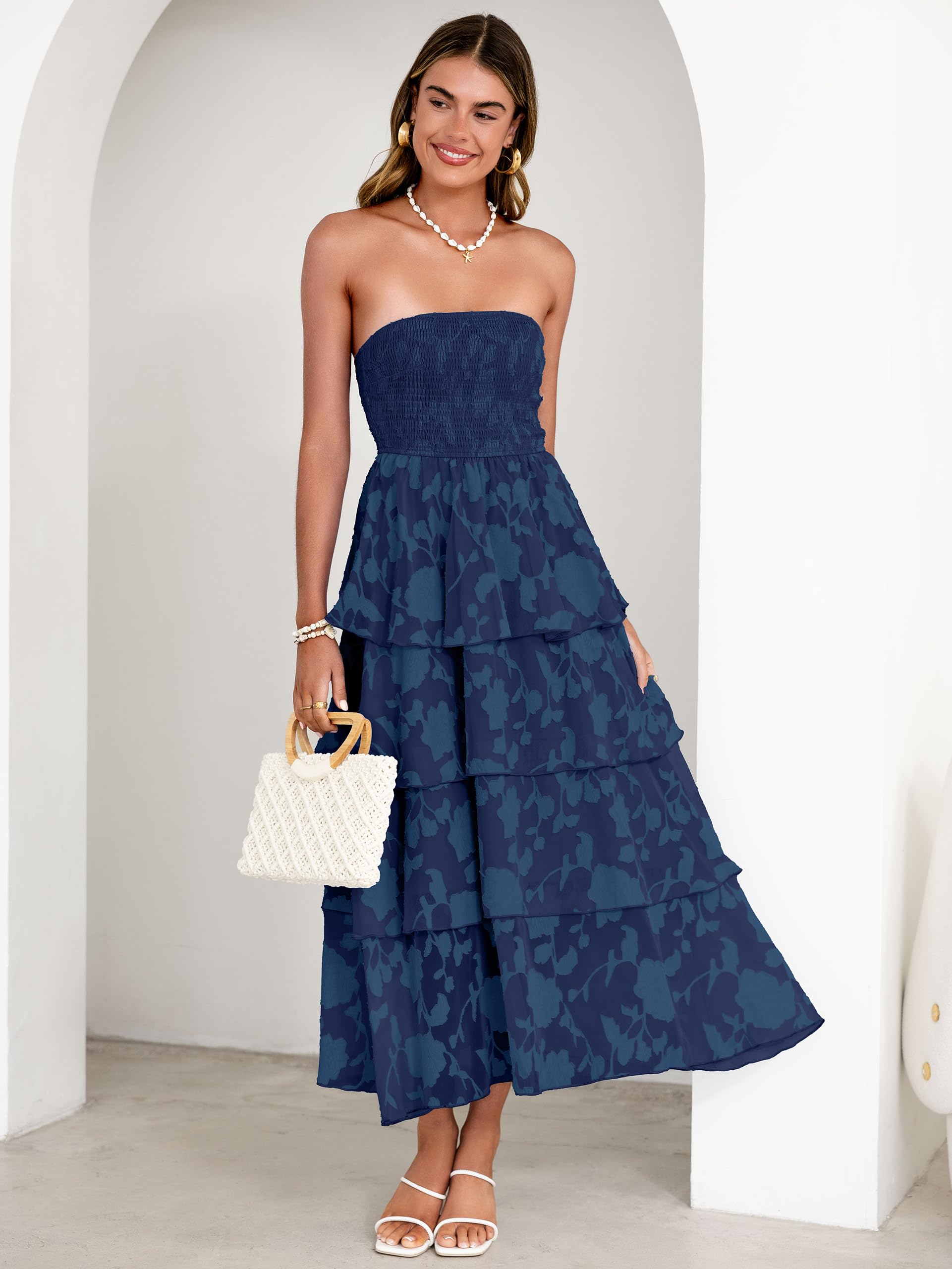 Simplee Womens Summer Strapless Maxi Dress 2026 Off The Shoulder Casual Cute Floral Boho Smocked Tube Dresses Vacation Long Sundress(Navy S)