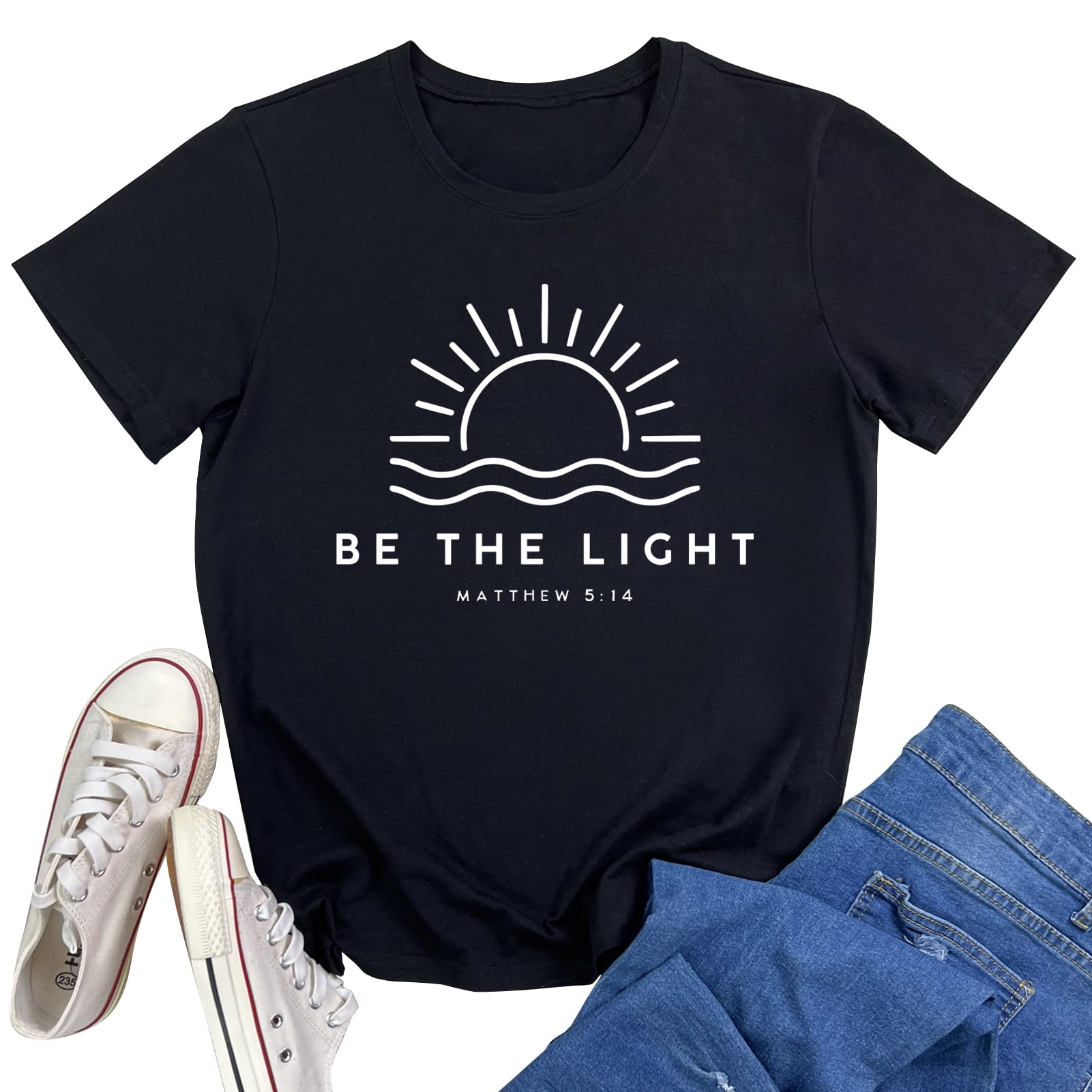 YITAN Women Cute Tops Be The Light Graphic Tee Shirts Black Large
