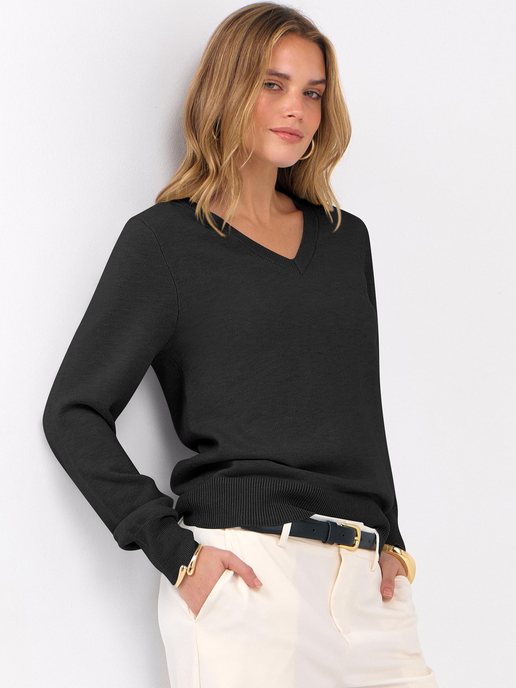 ANRABESS Womens Long Sleeve V Neck Sweaters 2025 Fall Casual Classic Soft Loose Fit Basic Pullover Jumper Top Black Large