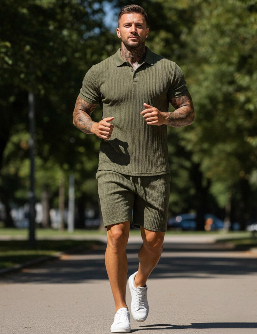 UOUA Mens Shorts Set Twisted Texture Polo Shirt & Shorts Casual 2 Piece Summer Outfits Short Sleeve Vacation Set Army-Green M