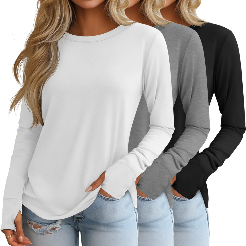 Huukeay 3 Pack Women's Long Sleeve Shirts with Thumb Holes, Cotton Casual Crew Neck Tunic Tops Fall Loose Y2k Trendy Outfits(Black, Grey, White,XL)