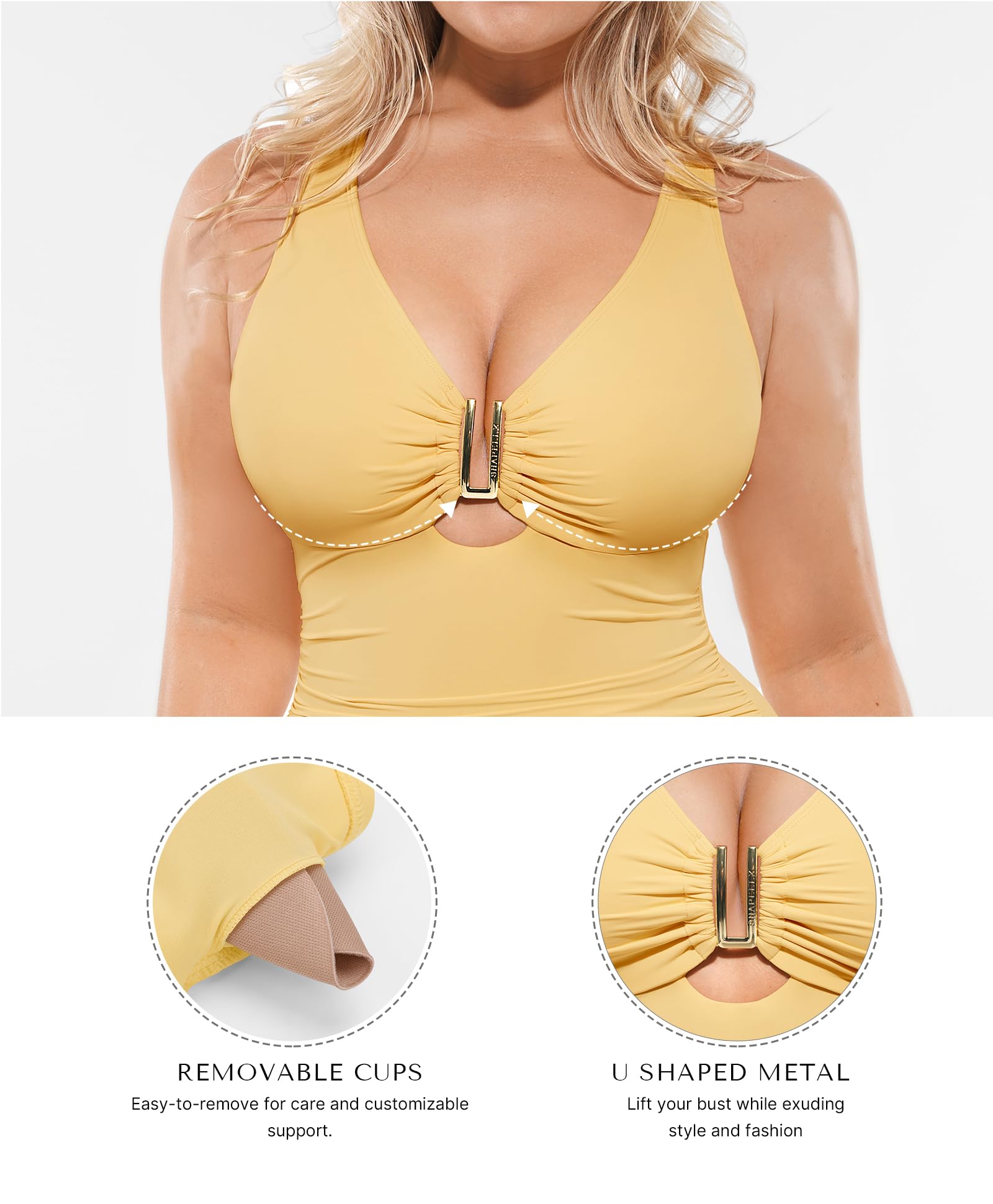 SHAPELLX Tummy Control Swimsuits Women Shapewear Swimsuits Women Bathing Suit Ruched Slimming Swimwear Yellow L