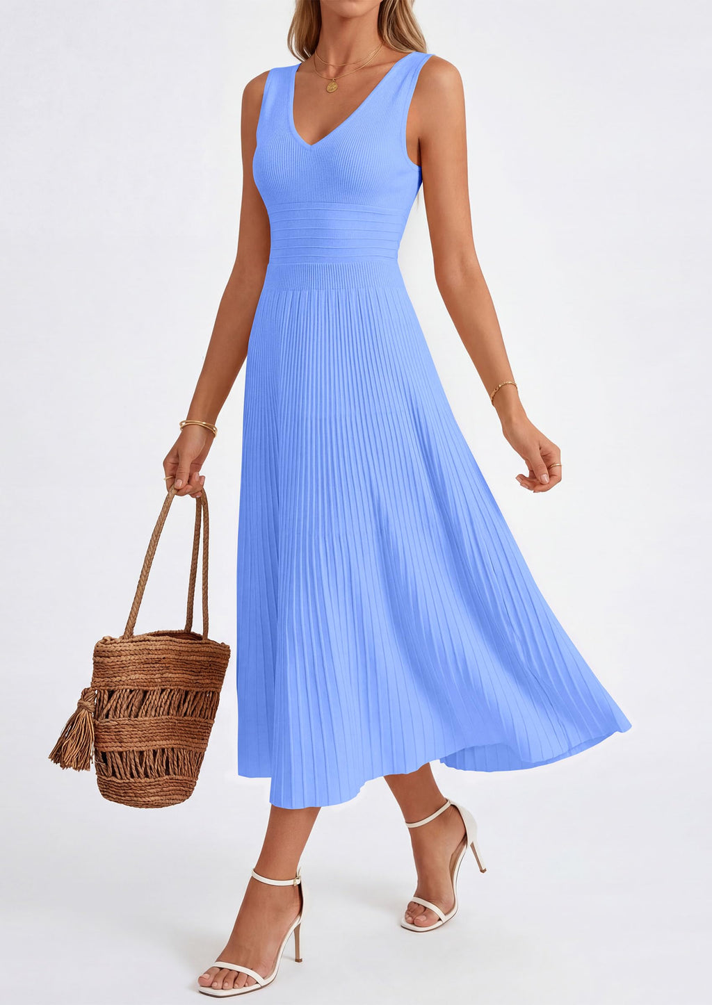 PRETTYGARDEN Summer Dresses for Women 2026 Spring Casual Sleeveless V Neck Pleated Midi Work Cocktail Wedding Guest Dress(Light Blue,Large)