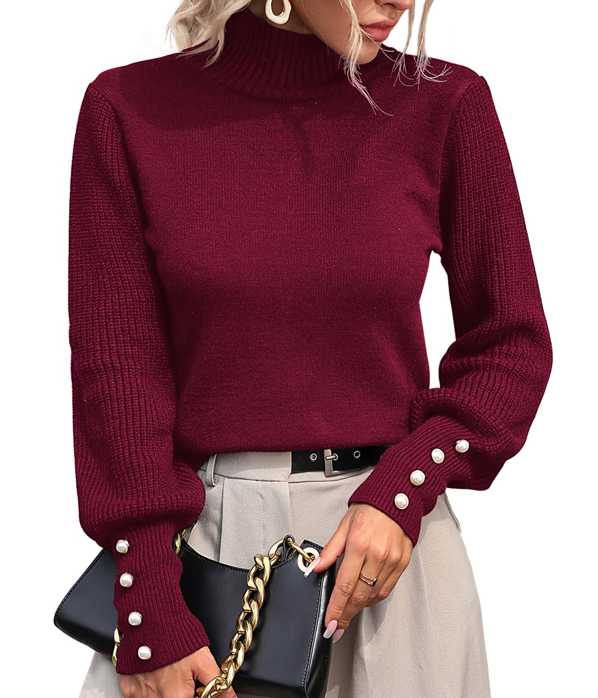 Upopby Women's Fall Winter Pullover Sweaters for Women 2025 2026 Trendy Lantern Sleeve Turtleneck Knitted Sweater Jumper Tops Wine Red XL