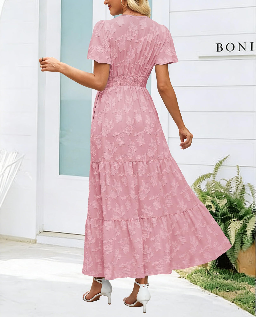 Womens Boho Floral Maxi Dress Elegant Wrap V Neck Short Flutter Sleeve Flowy Tiered A Line Summer Beach Wedding Guest Dresses (US, Alpha, Large, Regular, Regular, Pink)