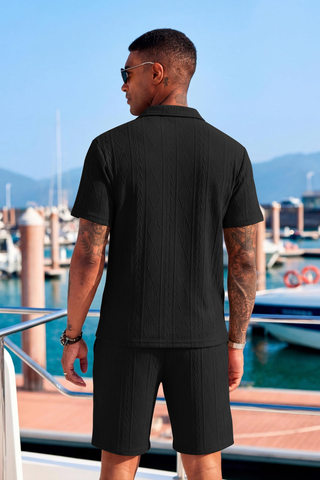 COOFANDY Men's 2 Piece Set Summer Beach Vacation Outfits Quarter Zip Polo Shirt and Shorts Sets Black Small
