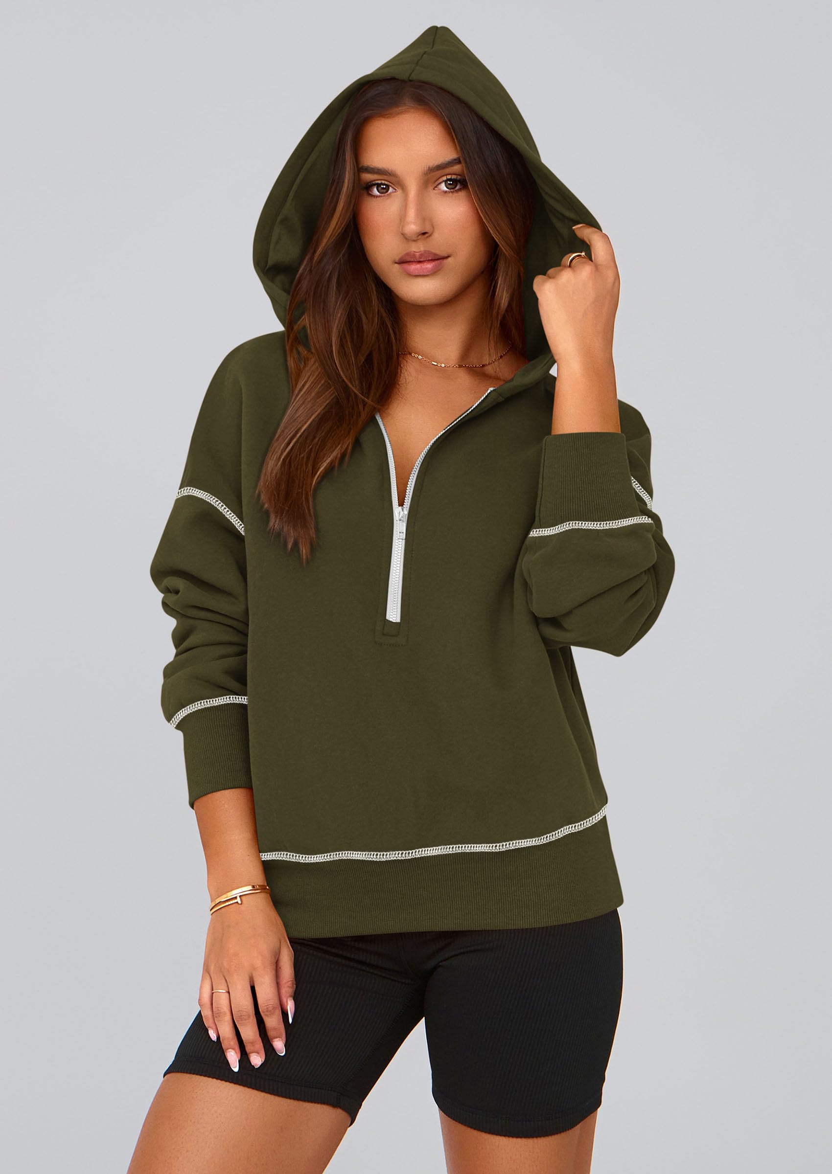 PRETTYGARDEN Women's 2026 Fall Hooded Sweatshirts Long Sleeve Half Zip Cropped Hoodies Pullover Winter Fashion Clothes (Army Green,Small)