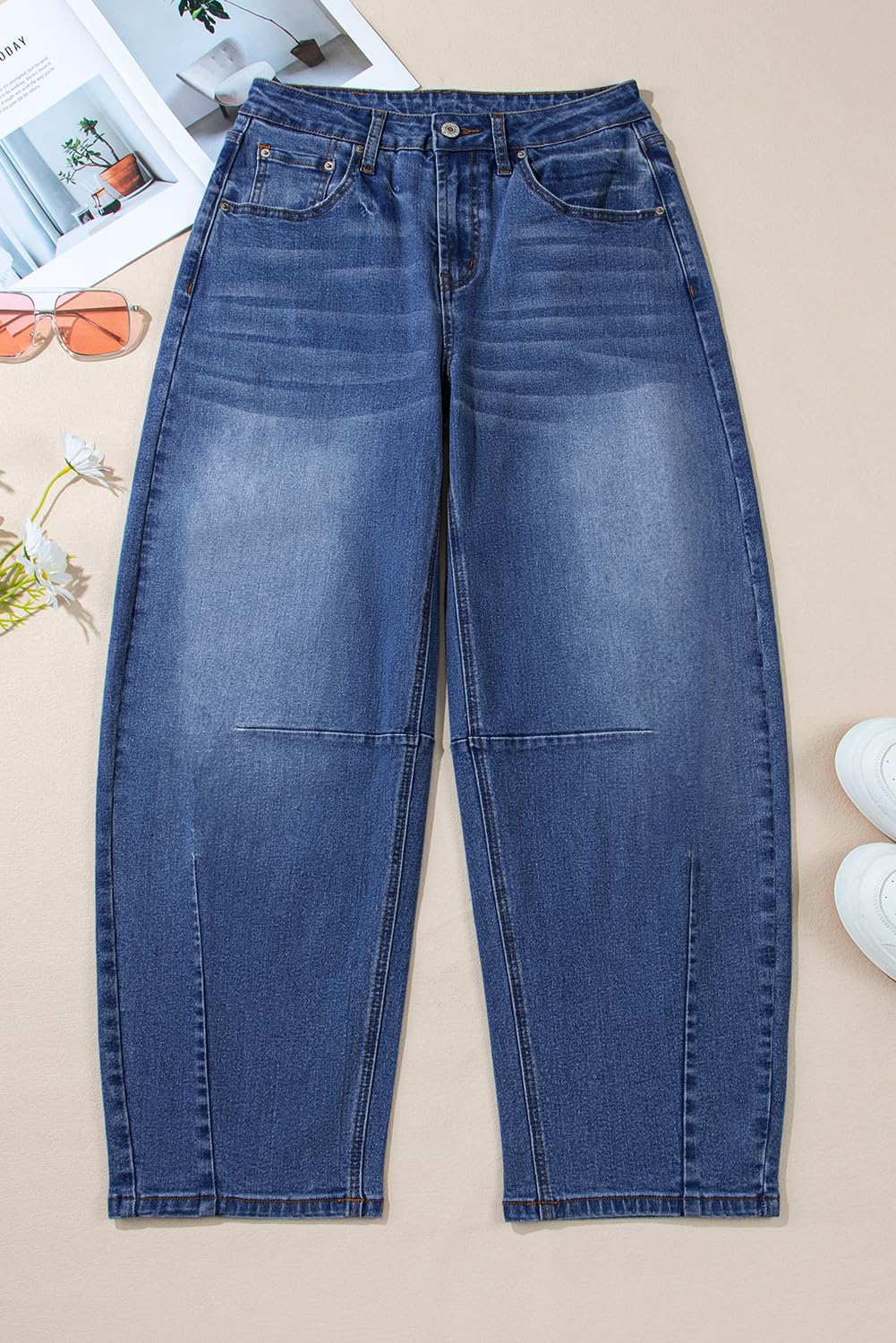 Sidefeel Women's Barrel Jeans Wide Leg Vintage Mid Rise Y2k Baggy Boyfriend Denim Pants Size 8 Blue