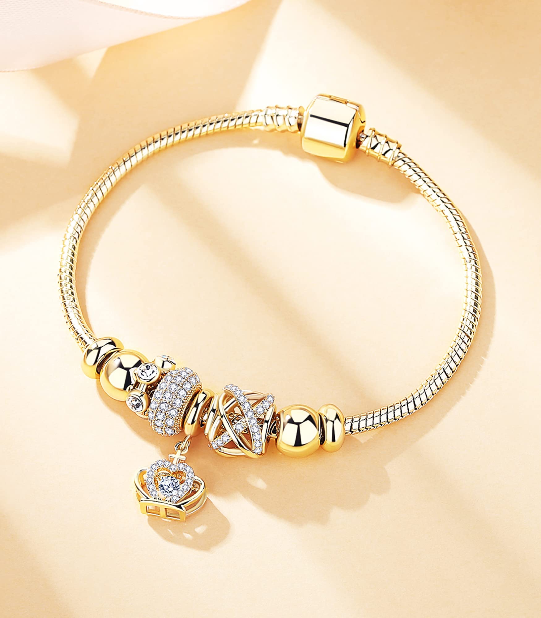 RIMAYZI 14K Gold Plated Charm Bracelet for Women, Women's Charm Symbol Bracelets, Gifts for Mother's Day, Mom, Her, Wife(Golden Crown)