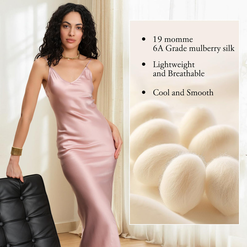 MOLISILK Pure Mulberry Silk Dress for Women Summer Slip Long Dress A Line Sleeveless Cocktail Guest Party V-Neck Sexy Dresses Formal Elegant Evening Spaghetti Strap Nightgown,Pink,XS