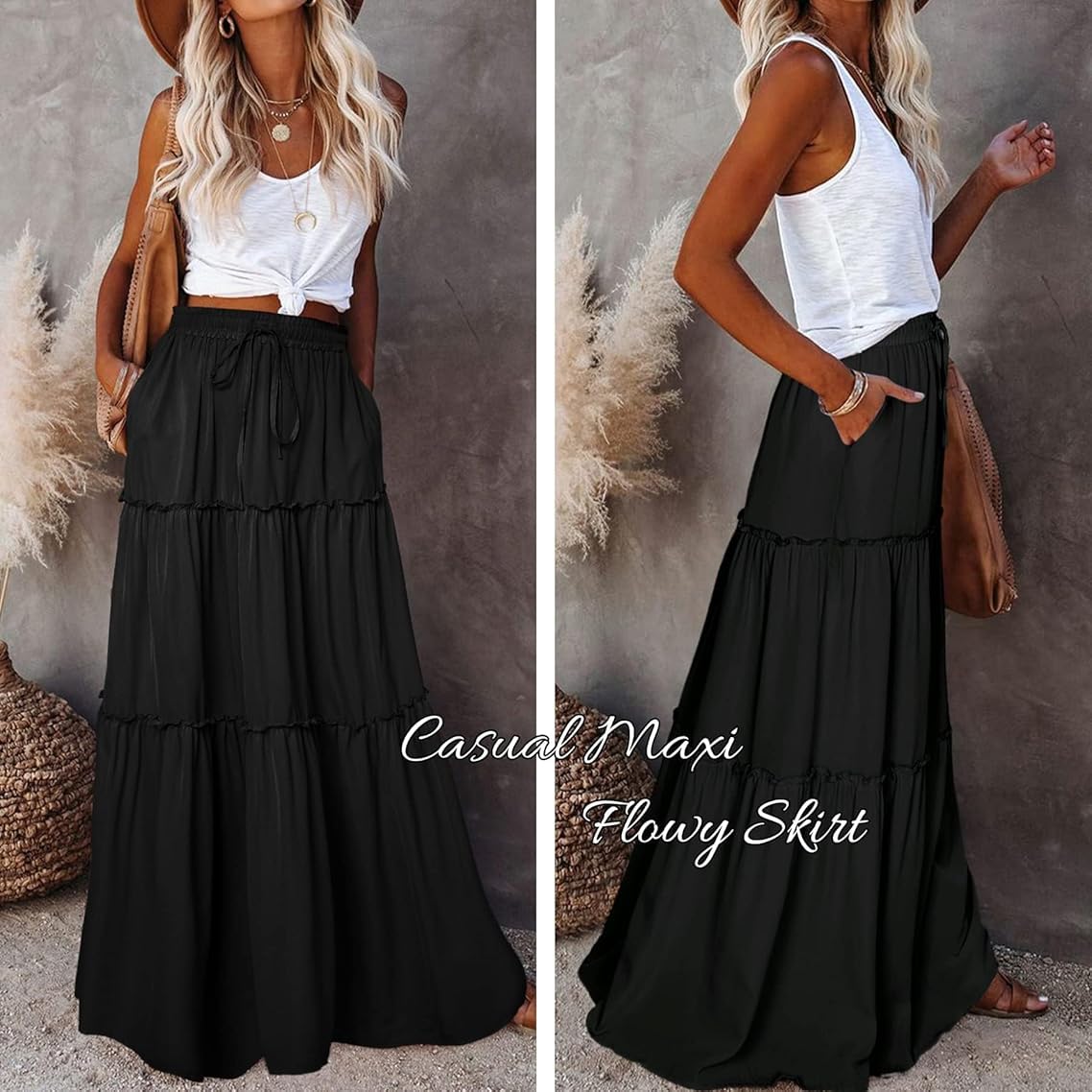 EARKOHA Trendy Lightweight Drawstring Tiered Ruffles Paisley Hippie Plus Size Bohemian Long Maxi Skirt with Deep Pockets for Office Music Festival Travel Picnic Dating Fall Outfits Black M
