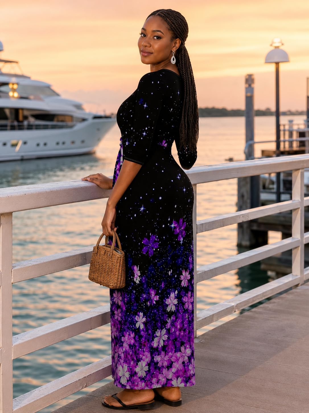 PinkPatty Women's Floral Print Maxi Dress 3/4 Sleeve V-Neck Casual Loose Wrap Tie Waist Long Dress XX-Large