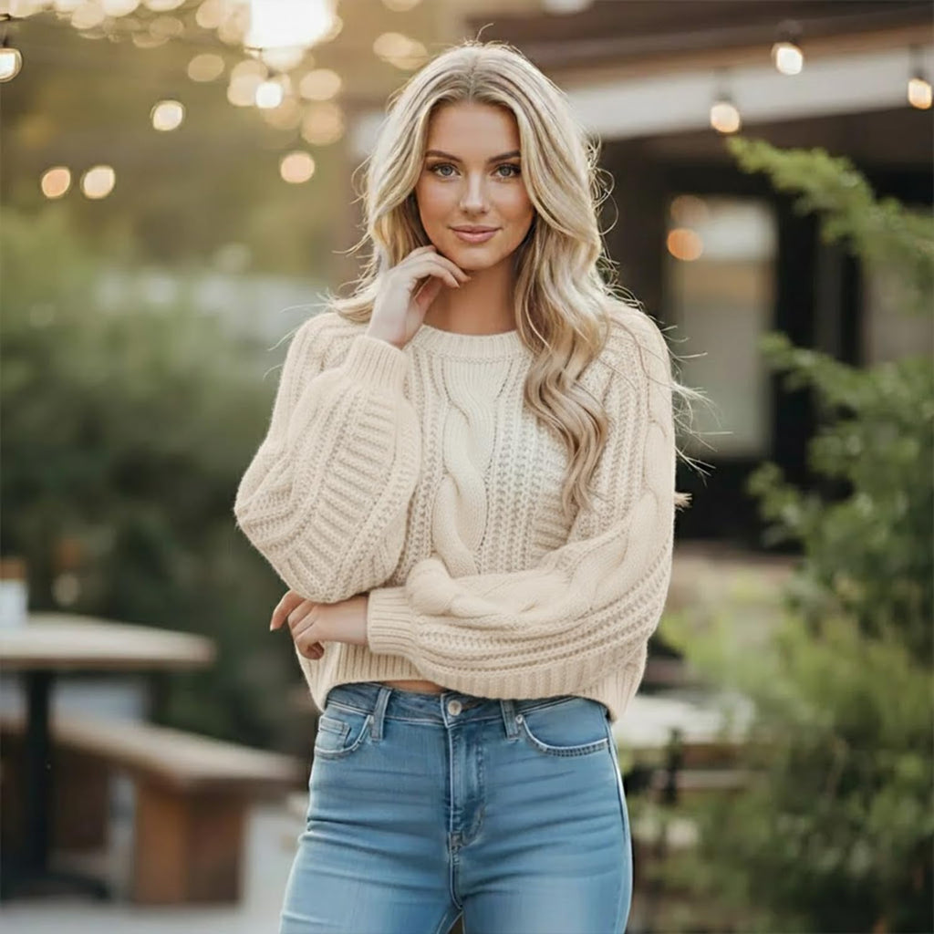 Grewear Women's Cropped Cable Knit Sweater, Soft Long Sleeve Crewneck Pullover, Casual Cozy Knit Top for Fall Winter Outfits, Gift for Women Oatmeal-XS