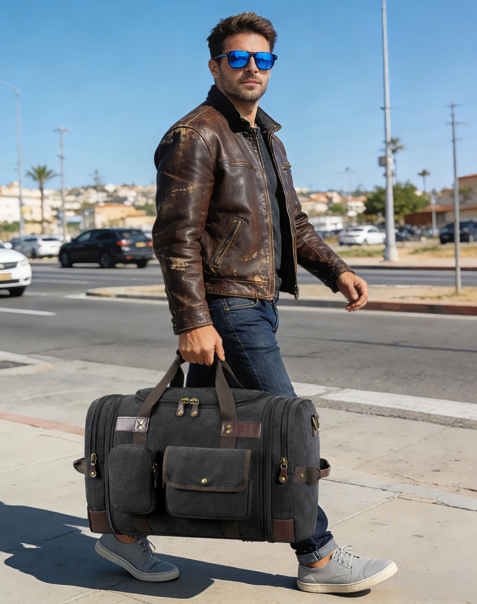 HNCTINNO Duffle Bag for Travel, 50L Carry On Duffle Bag for Airplanes, Canvas Overnight Weekender Bag for Men and Women