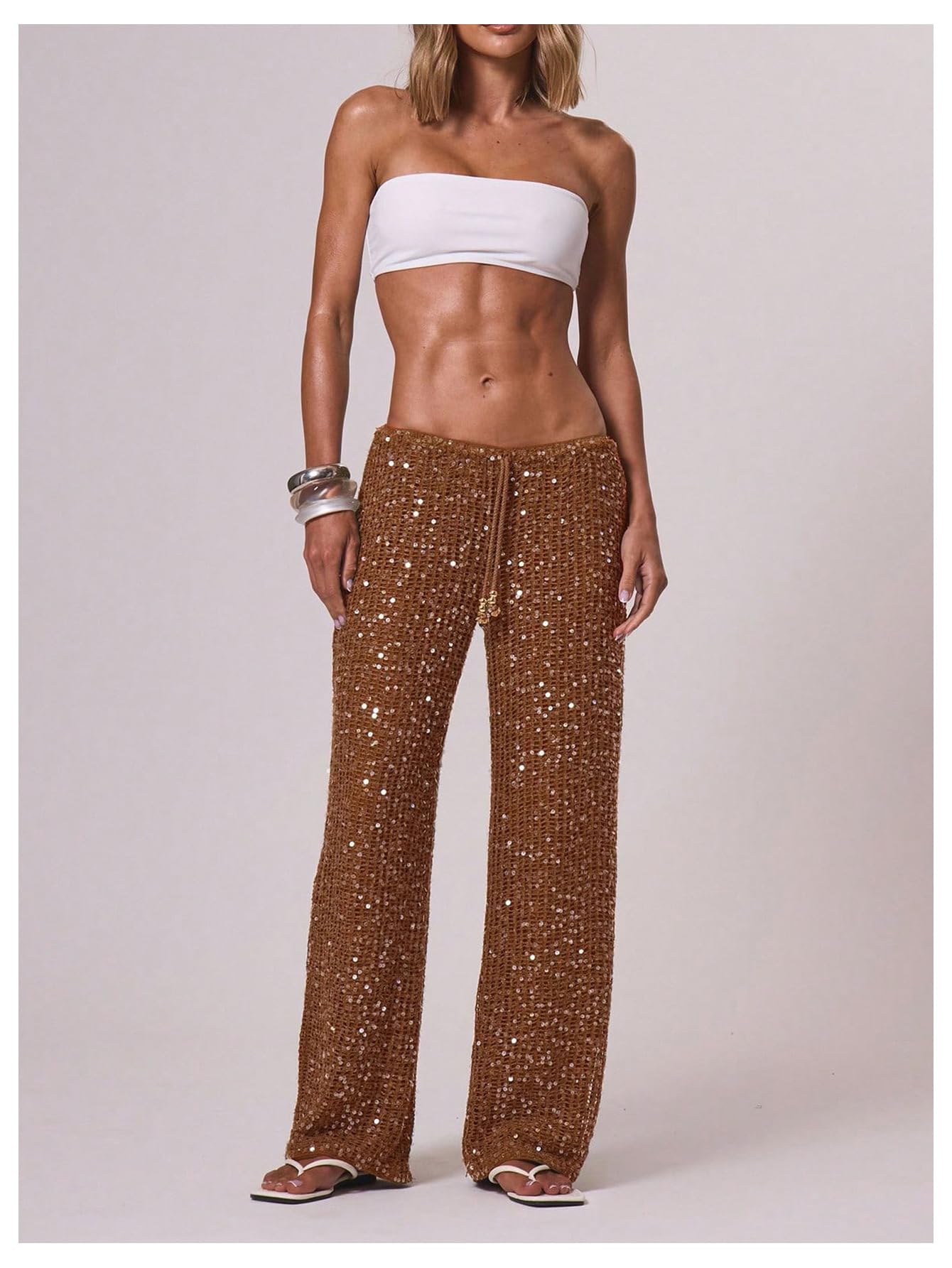 WDIRARA Women's Sequin Crochet Cover Up Pants Hollow Out Beach Pants Swimwear Rust Brown Medium
