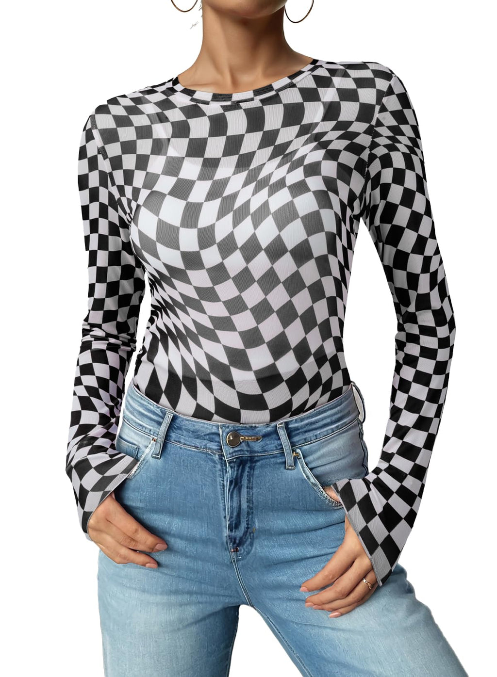 Acelitt Womens Fashion 2025 Checkerboard Shirts Crewneck Summer Sexy Sheer Mesh Blouse Checkered Print Long Sleeve Tops Black XL