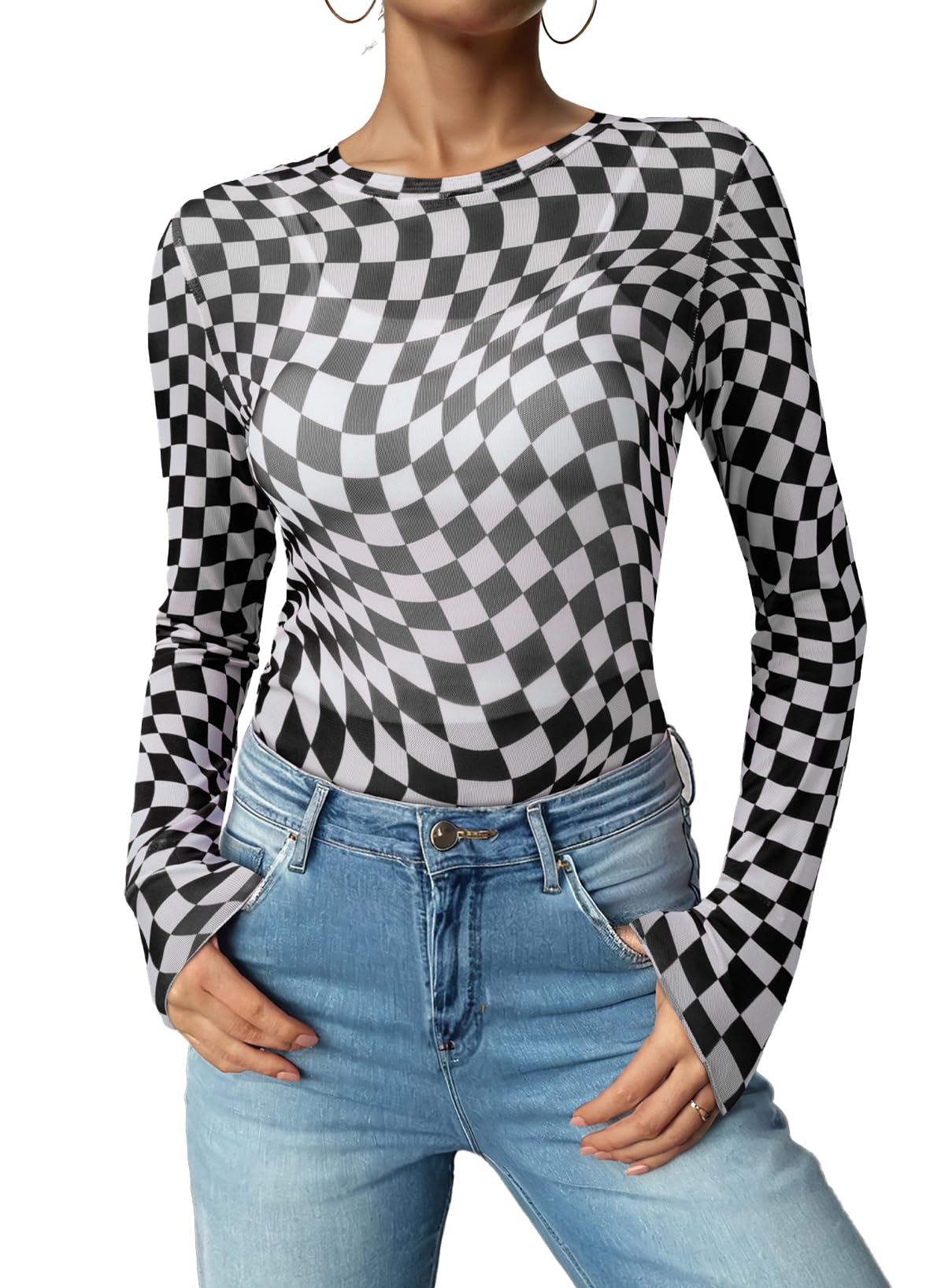 Acelitt Womens Fashion 2025 Checkerboard Shirts Crewneck Summer Sexy Sheer Mesh Blouse Checkered Print Long Sleeve Tops Black XL
