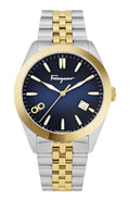 Ferragamo Classic Collection Luxury Mens Watch Timepieces with a Two Tone Bracelet and Case Featuring a Blue Dial