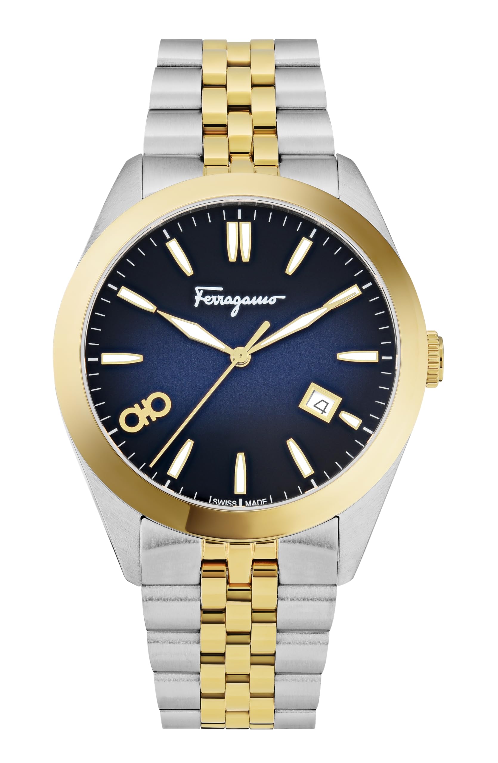 Ferragamo Classic Collection Luxury Mens Watch Timepieces with a Two Tone Bracelet and Case Featuring a Blue Dial