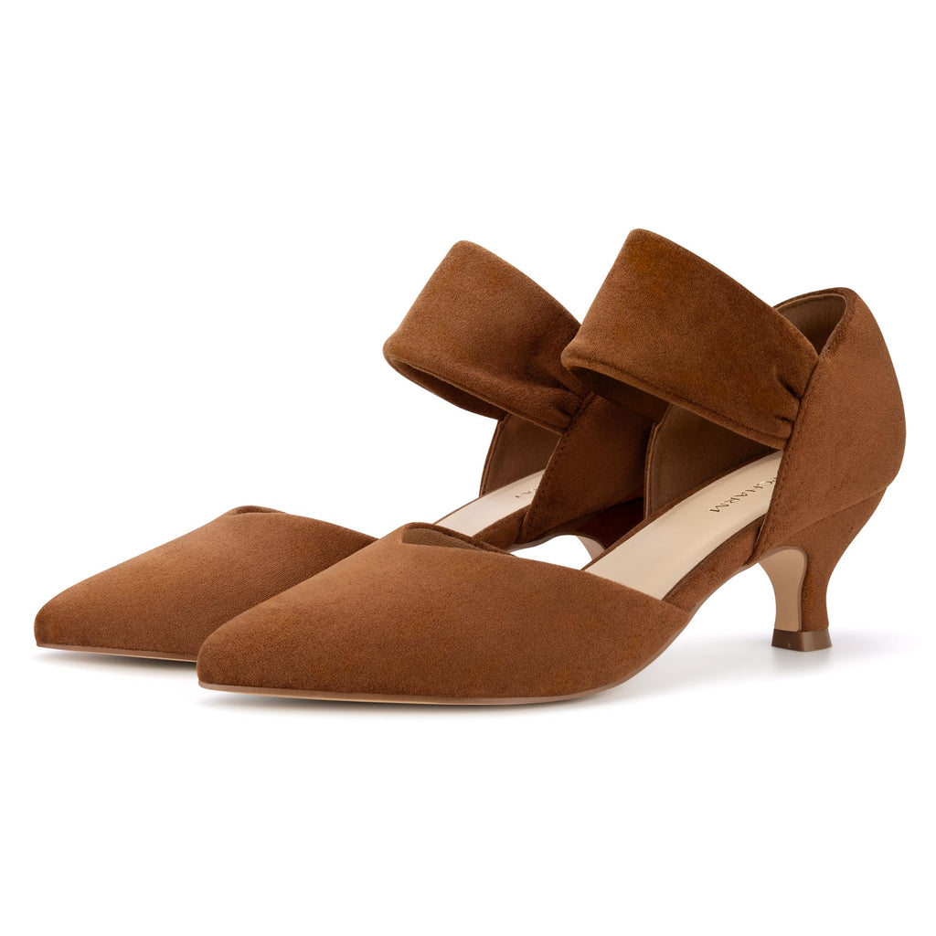 LOOPCHARM Women's Kitten Heels Pointed Closed Toe Slip On Low Pumps Dress Shoes for Wedding Party Work,Brown SU,6